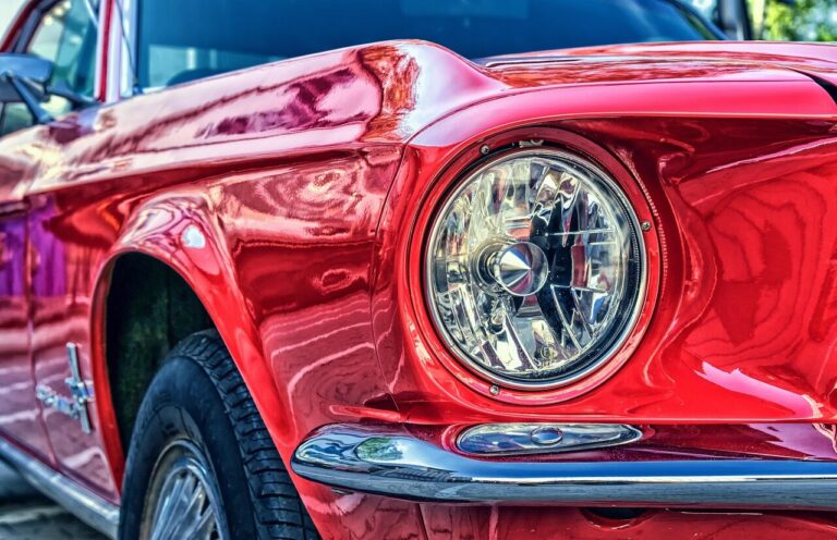 ford, mustang, car, vehicle, red car, shiny, shiny car, headlight, luxury car, v8, ford mustang, automotive, auto, oldtimer, sports car, classic, maintained, red, old, chrome plated, car wallpapers, chrome, polished